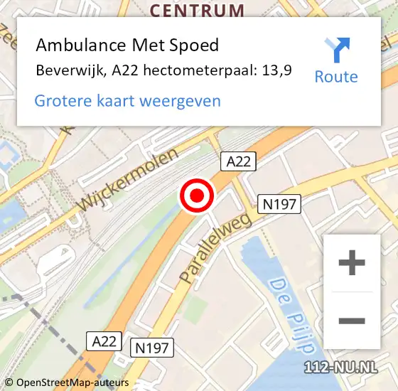 Locatie op kaart van de 112 melding: Ambulance Met Spoed Naar Beverwijk, A22 hectometerpaal: 13,9 op 1 november 2023 06:52