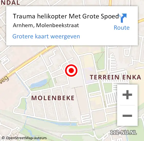 Locatie op kaart van de 112 melding: Trauma helikopter Met Grote Spoed Naar Arnhem, Molenbeekstraat op 1 november 2023 08:40