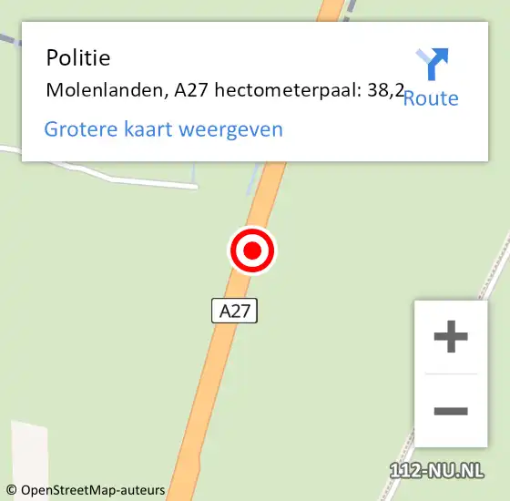 Locatie op kaart van de 112 melding: Politie Molenlanden, A27 hectometerpaal: 38,2 op 1 november 2023 09:15