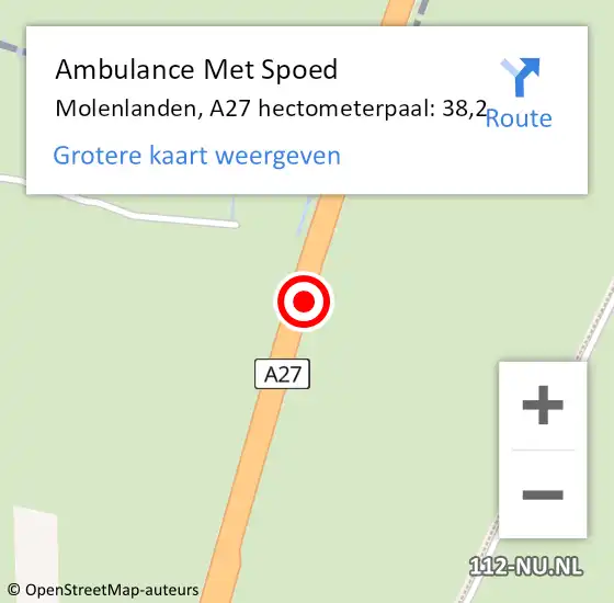 Locatie op kaart van de 112 melding: Ambulance Met Spoed Naar Molenlanden, A27 hectometerpaal: 38,2 op 1 november 2023 09:19