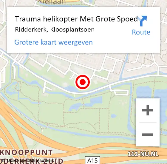 Locatie op kaart van de 112 melding: Trauma helikopter Met Grote Spoed Naar Ridderkerk, Kloosplantsoen op 1 november 2023 11:20