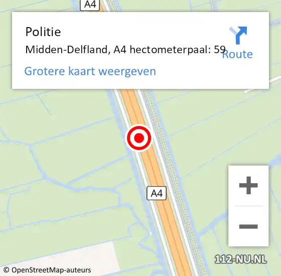 Locatie op kaart van de 112 melding: Politie Midden-Delfland, A4 hectometerpaal: 59 op 1 november 2023 13:52