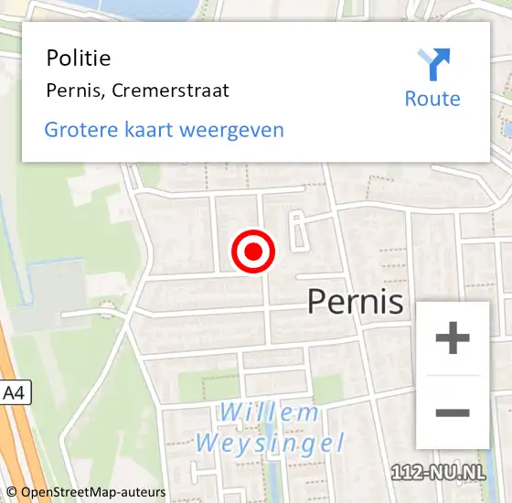 Locatie op kaart van de 112 melding: Politie Pernis, Cremerstraat op 1 november 2023 16:28