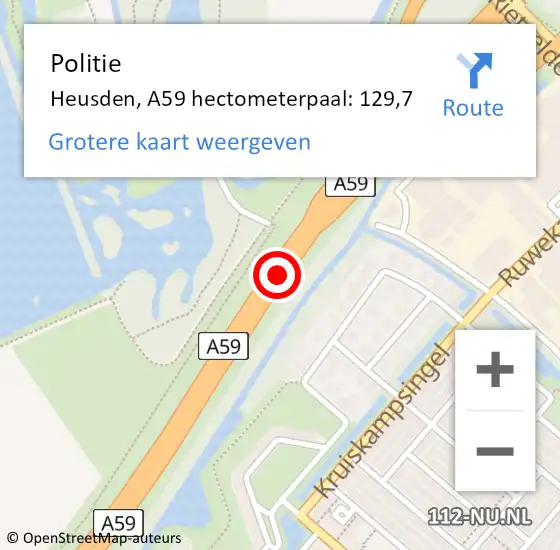Locatie op kaart van de 112 melding: Politie Heusden, A59 hectometerpaal: 129,7 op 1 november 2023 17:28