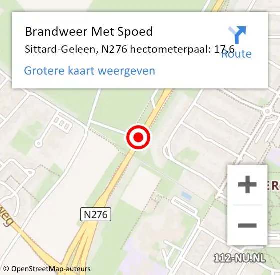 Locatie op kaart van de 112 melding: Brandweer Met Spoed Naar Sittard-Geleen, N276 hectometerpaal: 17,6 op 1 november 2023 17:34