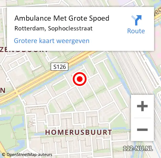 Locatie op kaart van de 112 melding: Ambulance Met Grote Spoed Naar Rotterdam, Sophoclesstraat op 1 november 2023 18:26