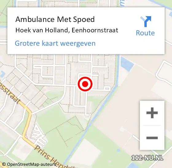 Locatie op kaart van de 112 melding: Ambulance Met Spoed Naar Hoek van Holland, Eenhoornstraat op 1 november 2023 19:09