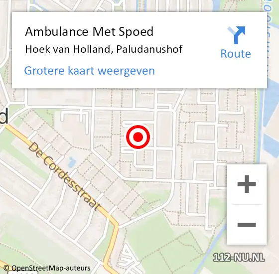 Locatie op kaart van de 112 melding: Ambulance Met Spoed Naar Hoek van Holland, Paludanushof op 1 november 2023 20:14