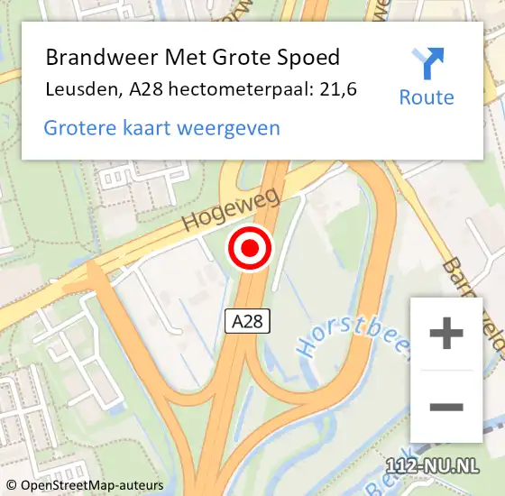 Locatie op kaart van de 112 melding: Brandweer Met Grote Spoed Naar Leusden, A28 hectometerpaal: 21,6 op 2 november 2023 02:21