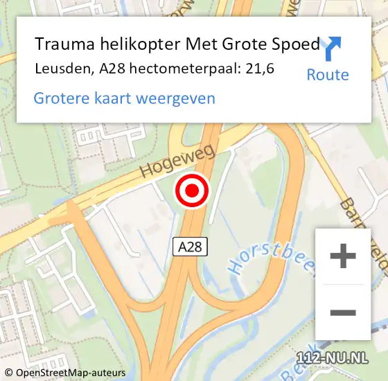 Locatie op kaart van de 112 melding: Trauma helikopter Met Grote Spoed Naar Leusden, A28 hectometerpaal: 21,6 op 2 november 2023 02:26