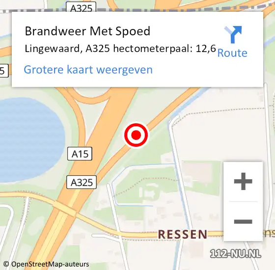 Locatie op kaart van de 112 melding: Brandweer Met Spoed Naar Lingewaard, A325 hectometerpaal: 12,6 op 2 november 2023 06:26