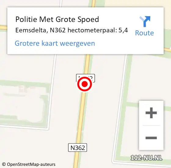 Locatie op kaart van de 112 melding: Politie Met Grote Spoed Naar Eemsdelta, N362 hectometerpaal: 5,4 op 2 november 2023 06:32