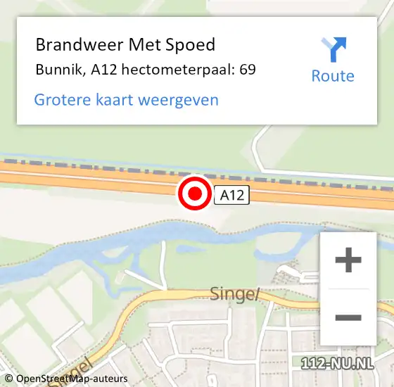 Locatie op kaart van de 112 melding: Brandweer Met Spoed Naar Bunnik, A12 hectometerpaal: 69 op 2 november 2023 09:01