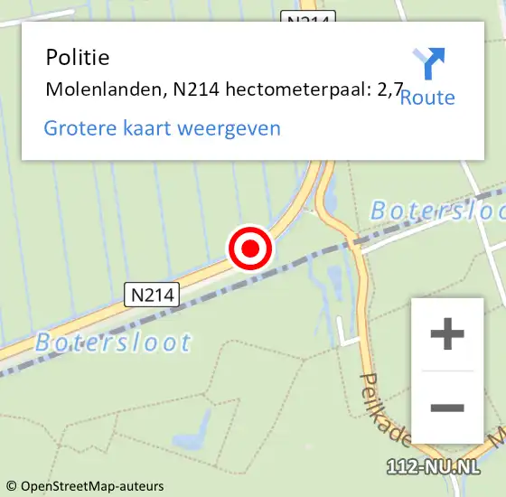 Locatie op kaart van de 112 melding: Politie Molenlanden, N214 hectometerpaal: 2,7 op 2 november 2023 10:51