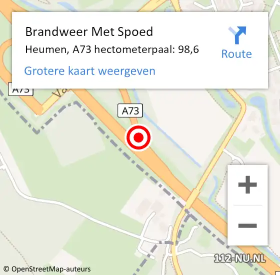 Locatie op kaart van de 112 melding: Brandweer Met Spoed Naar Heumen, A73 hectometerpaal: 98,6 op 2 november 2023 11:36