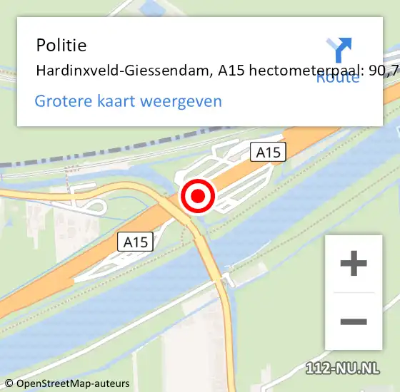 Locatie op kaart van de 112 melding: Politie Hardinxveld-Giessendam, A15 hectometerpaal: 90,7 op 2 november 2023 11:39