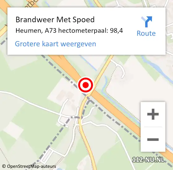 Locatie op kaart van de 112 melding: Brandweer Met Spoed Naar Heumen, A73 hectometerpaal: 98,4 op 2 november 2023 11:40