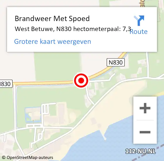 Locatie op kaart van de 112 melding: Brandweer Met Spoed Naar West Betuwe, N830 hectometerpaal: 7,3 op 2 november 2023 12:29