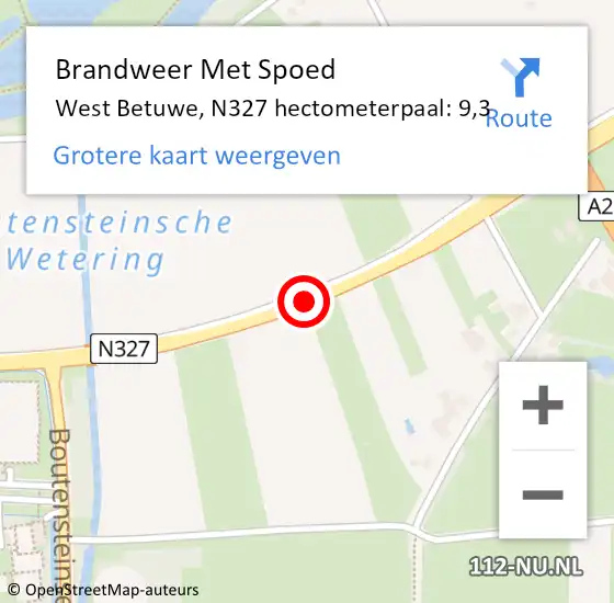 Locatie op kaart van de 112 melding: Brandweer Met Spoed Naar West Betuwe, N327 hectometerpaal: 9,3 op 2 november 2023 12:37