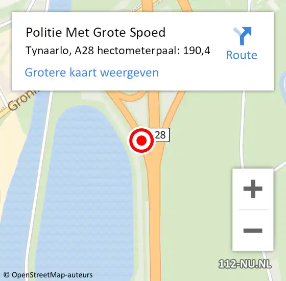 Locatie op kaart van de 112 melding: Politie Met Grote Spoed Naar Tynaarlo, A28 hectometerpaal: 190,4 op 2 november 2023 13:02