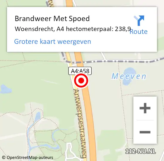 Locatie op kaart van de 112 melding: Brandweer Met Spoed Naar Woensdrecht, A4 hectometerpaal: 238,9 op 2 november 2023 13:21