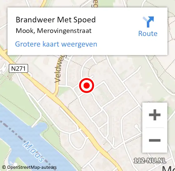 Locatie op kaart van de 112 melding: Brandweer Met Spoed Naar Mook, Merovingenstraat op 2 november 2023 13:24