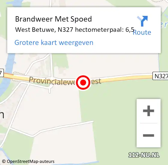 Locatie op kaart van de 112 melding: Brandweer Met Spoed Naar West Betuwe, N327 hectometerpaal: 6,5 op 2 november 2023 13:29