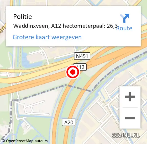 Locatie op kaart van de 112 melding: Politie Waddinxveen, A12 hectometerpaal: 26,3 op 2 november 2023 15:06