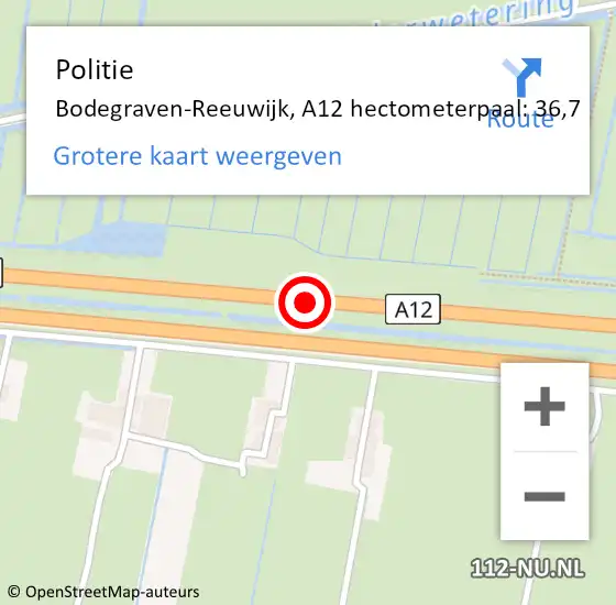 Locatie op kaart van de 112 melding: Politie Bodegraven-Reeuwijk, A12 hectometerpaal: 36,7 op 2 november 2023 15:24