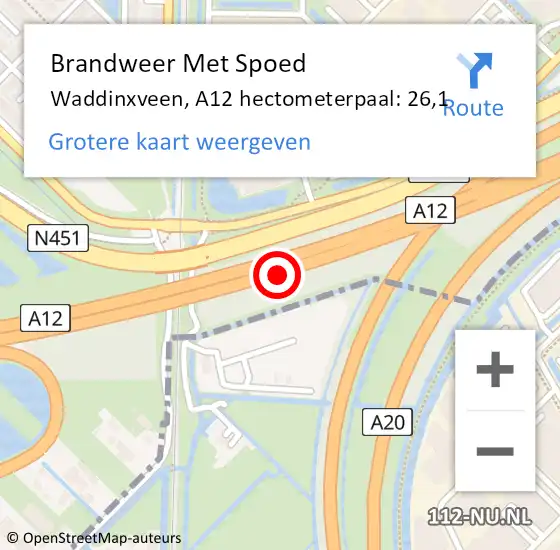 Locatie op kaart van de 112 melding: Brandweer Met Spoed Naar Waddinxveen, A12 hectometerpaal: 26,1 op 2 november 2023 15:37