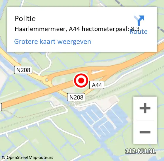 Locatie op kaart van de 112 melding: Politie Haarlemmermeer, A44 hectometerpaal: 8,3 op 2 november 2023 16:30