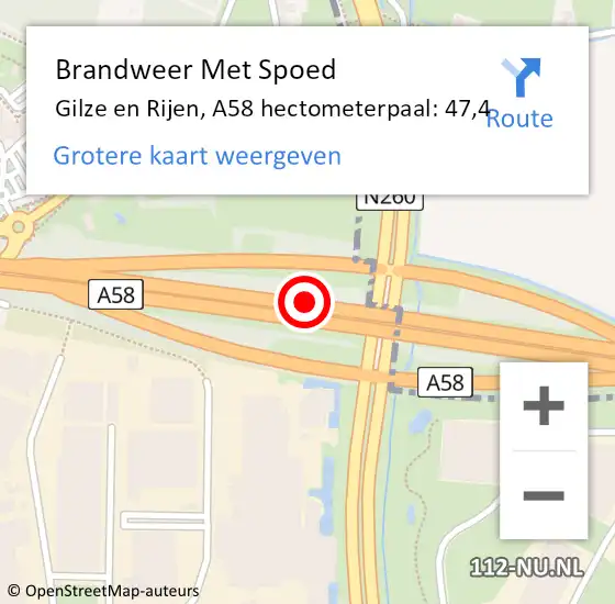 Locatie op kaart van de 112 melding: Brandweer Met Spoed Naar Gilze en Rijen, A58 hectometerpaal: 47,4 op 2 november 2023 16:33