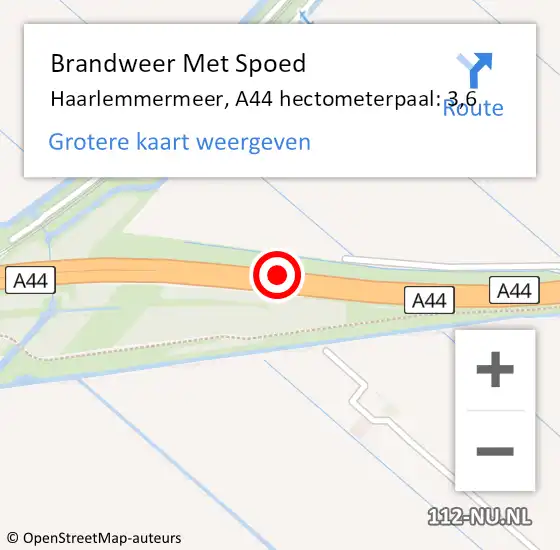 Locatie op kaart van de 112 melding: Brandweer Met Spoed Naar Haarlemmermeer, A44 hectometerpaal: 3,6 op 2 november 2023 16:37