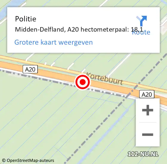 Locatie op kaart van de 112 melding: Politie Midden-Delfland, A20 hectometerpaal: 18,1 op 2 november 2023 17:02