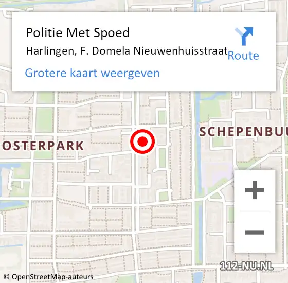 Locatie op kaart van de 112 melding: Politie Met Spoed Naar Harlingen, F. Domela Nieuwenhuisstraat op 2 november 2023 17:03