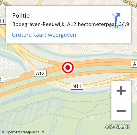 Locatie op kaart van de 112 melding: Politie Bodegraven-Reeuwijk, A12 hectometerpaal: 34,9 op 2 november 2023 17:08