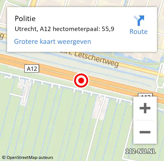 Locatie op kaart van de 112 melding: Politie Utrecht, A12 hectometerpaal: 55,9 op 2 november 2023 17:20