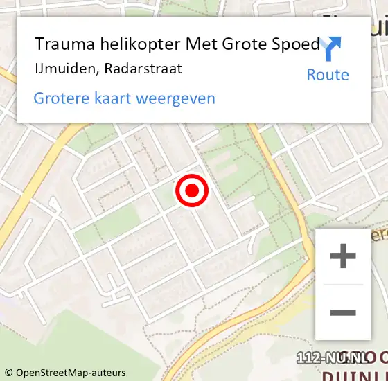 Locatie op kaart van de 112 melding: Trauma helikopter Met Grote Spoed Naar IJmuiden, Radarstraat op 2 november 2023 18:19