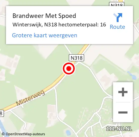 Locatie op kaart van de 112 melding: Brandweer Met Spoed Naar Winterswijk, N318 hectometerpaal: 16 op 2 november 2023 19:44