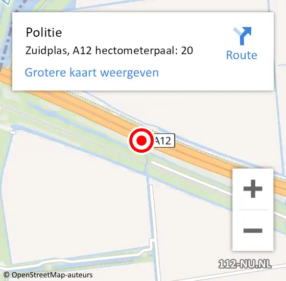 Locatie op kaart van de 112 melding: Politie Zuidplas, A12 hectometerpaal: 20 op 3 november 2023 04:45