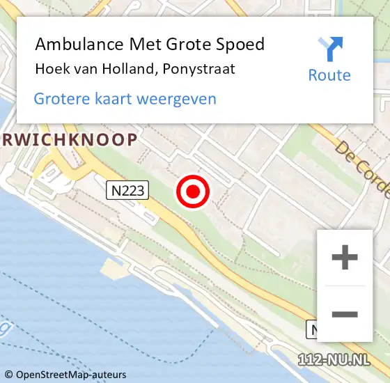 Locatie op kaart van de 112 melding: Ambulance Met Grote Spoed Naar Hoek van Holland, Ponystraat op 3 november 2023 07:18