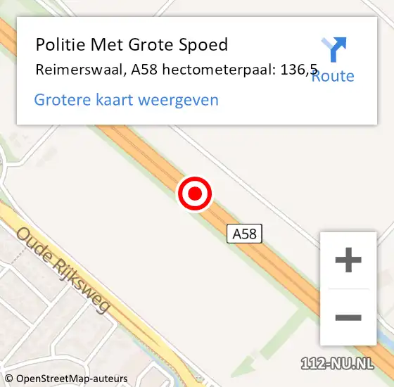Locatie op kaart van de 112 melding: Politie Met Grote Spoed Naar Reimerswaal, A58 hectometerpaal: 136,5 op 3 november 2023 07:51