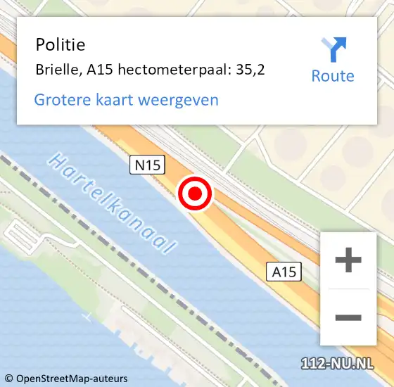 Locatie op kaart van de 112 melding: Politie Brielle, A15 hectometerpaal: 35,2 op 3 november 2023 07:55