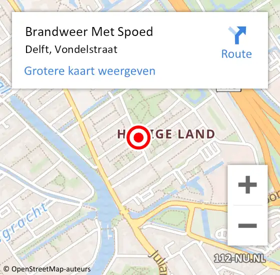 Locatie op kaart van de 112 melding: Brandweer Met Spoed Naar Delft, Vondelstraat op 3 november 2023 08:33