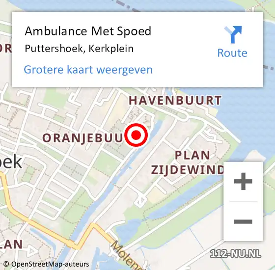 Locatie op kaart van de 112 melding: Ambulance Met Spoed Naar Puttershoek, Kerkplein op 13 september 2014 20:39