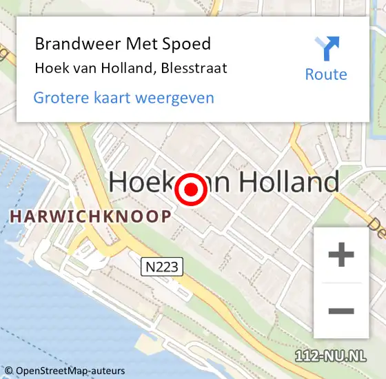 Locatie op kaart van de 112 melding: Brandweer Met Spoed Naar Hoek van Holland, Blesstraat op 3 november 2023 09:08