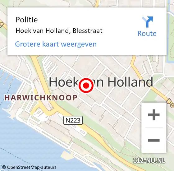 Locatie op kaart van de 112 melding: Politie Hoek van Holland, Blesstraat op 3 november 2023 09:29