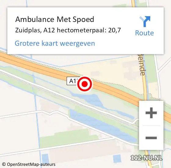 Locatie op kaart van de 112 melding: Ambulance Met Spoed Naar Zuidplas, A12 hectometerpaal: 20,7 op 3 november 2023 10:10