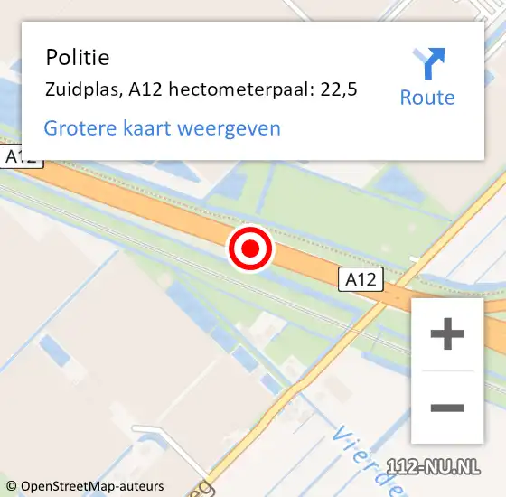 Locatie op kaart van de 112 melding: Politie Zuidplas, A12 hectometerpaal: 22,5 op 3 november 2023 10:12