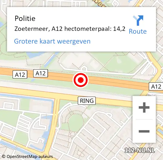 Locatie op kaart van de 112 melding: Politie Zoetermeer, A12 hectometerpaal: 14,2 op 3 november 2023 11:03